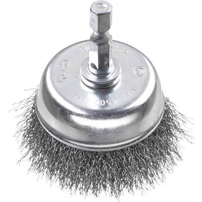 A round metal wire brush attachment with wire bristles. Suitable for drills for removing rust or paint.