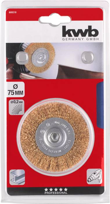 Metal brush in packaging by kwb Germany. Suitable for drill machines, diameter 75 mm, wire thickness 0.2 mm.