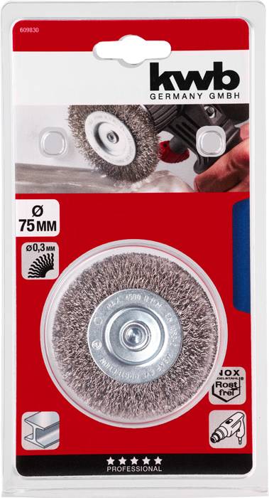 Packaging for a 75 mm wire brush by 'kwb Germany GmbH'. Suitable for professional applications, rust-free, 0.3 mm thickness.
