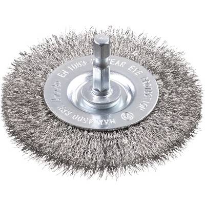 A round wire brush with a metal shaft, suitable for use with a drill, designed for removing rust or paint.