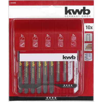 'Pack of 10 KWB saw blades for various materials. Contains two blades each for wood, metal and plastic.'