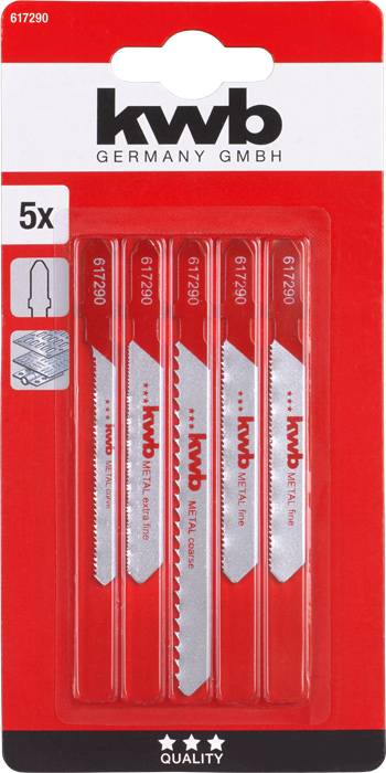 Pack of five metal saw blades from 'kwb Germany GmbH'. Packaging displays details of product quality and compatibility.