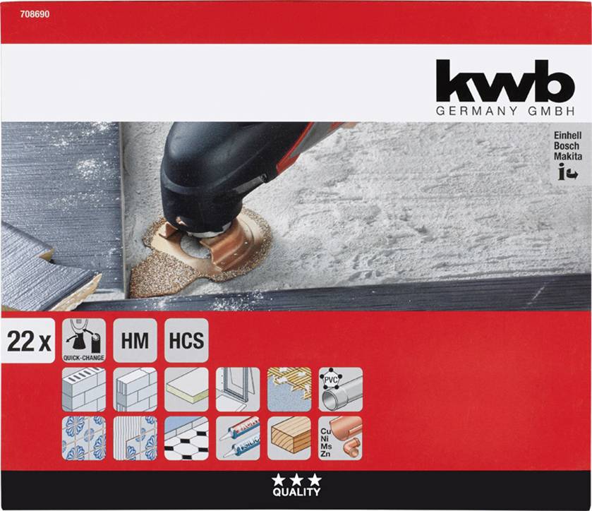 A red and white packaging displays tool attachments for a multi-tool. The brand name is at the top. Underneath is an image of an attachment in use.