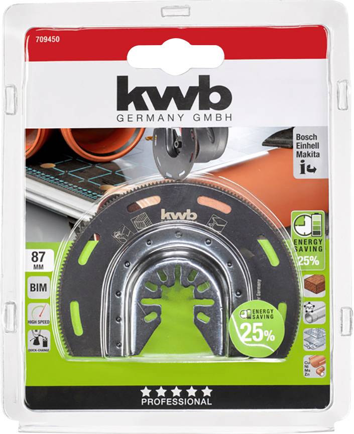 'KWB 709450' Saw Blade by KWB in blister packaging, shows 25% energy saving, compatible with Bosch, Einhell, Makita.