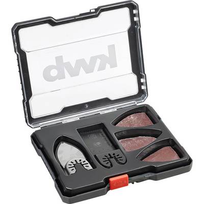 Open black plastic box with a transparent lid. Inside are saw blades and sandpaper, all neatly arranged in compartments.