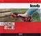 A person is sawing wooden planks with a red electric power tool. Packaging from 'kwb Germany GmbH' shows 14 saw blades, which can be quickly changed.