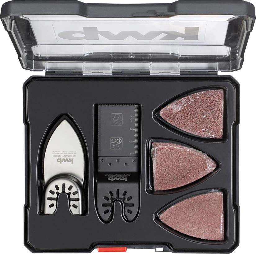 A tool case with a multi-tool attachment, a ruler and two sanding pads.