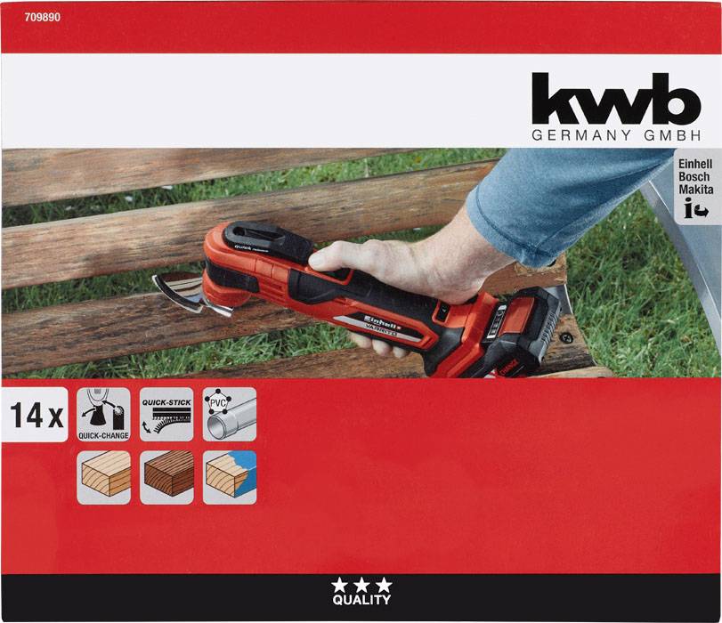 A person is holding a red multi-functional tool over a wooden table. Top right shows the brand names 'kwb GERMANY GMBH' and tool compatibility. Symbols for material compatibility are displayed at the bottom.