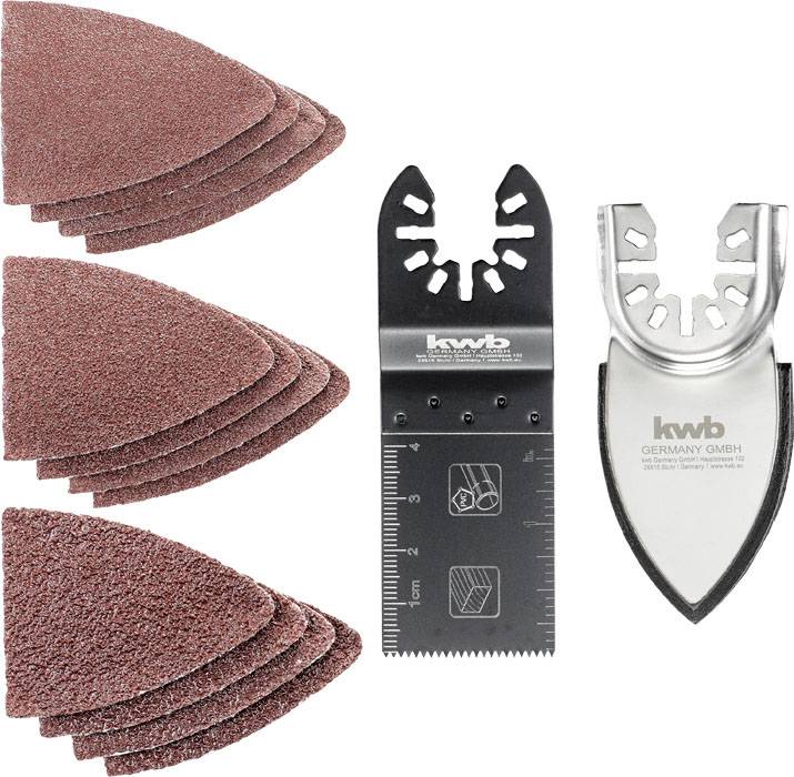 'Set of sanding sheets and saw blades for multi-function tools. The sanding sheets are red, the saw blades black and silver.'