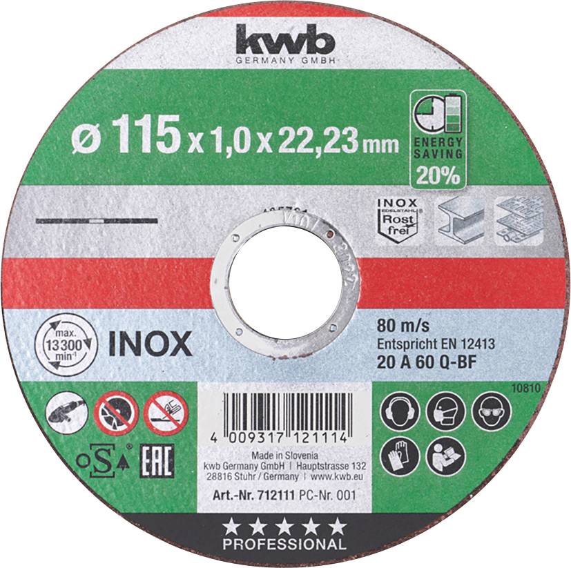 Cutting disc with 115 mm diameter for metal. Specifications: '80 m/s', 'Energy saving 20%', 'Complies with EN 12413', for 'Inox'.