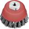 Round wire brush attachment with a red plastic housing, suitable for effective cleaning and removal of rust from metal surfaces.
