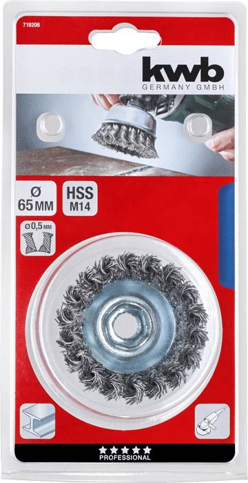 'Kwb' packaging of a wire brush attachment, 65 mm diameter, for grinding. Distinctive spiral wire brush, application example above.