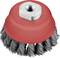 Red pot brush with metal bristles and central fixing nut, suitable for cleaning and grinding work on metal surfaces.