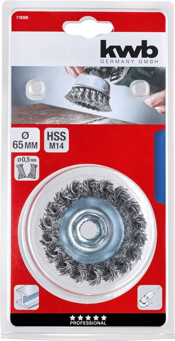 A wire brush attachment for drills, suitable for metalworking, brand 'kwb', diameter 65 mm.