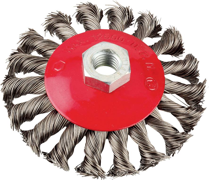 Round wire brush with a red centre and braided steel wires, suitable for cleaning and removing rust from metal surfaces.