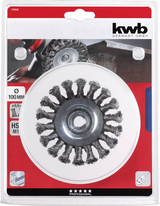 'Steel wire brush attachment by KWB, 100 mm diameter, in plastic packaging. Suitable for removing rust and cleaning metal surfaces.'