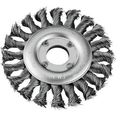 Wire brush attachment with twisted bristles and "Made in Germany" labelling, suitable for cleaning metal surfaces.
