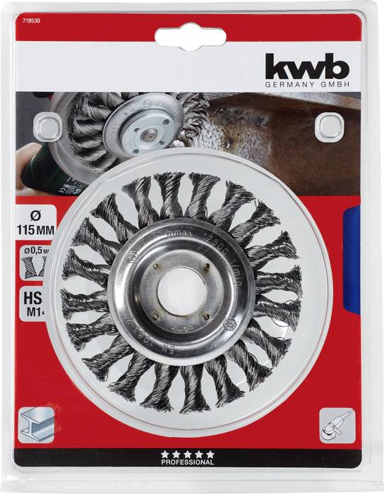 Wire brush, 115 mm diameter, for angle grinder. Suitable for cleaning metal surfaces. Packed in blister pack.