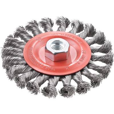 Round wire brush with steel wire bristles and red metal head, used for cleaning and removing rust from metallic surfaces.