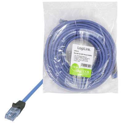 Blue Ethernet cable, 10 metres, packaged, with RJ45 plugs, suitable for network connections, LogiLink brand.