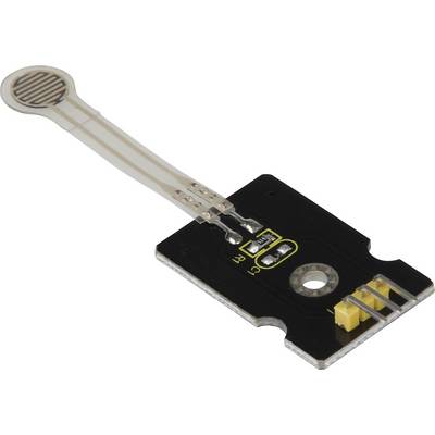 A flexible pressure sensor with a black carrier and yellow connectors. Used for measuring pressure changes.