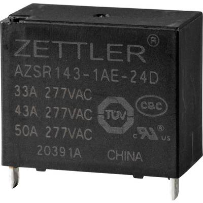 A black Zettler relay with model number AZSR143-1AE-24D. It shows electrical specifications, including 33A 277VAC and 50A 277VAC.