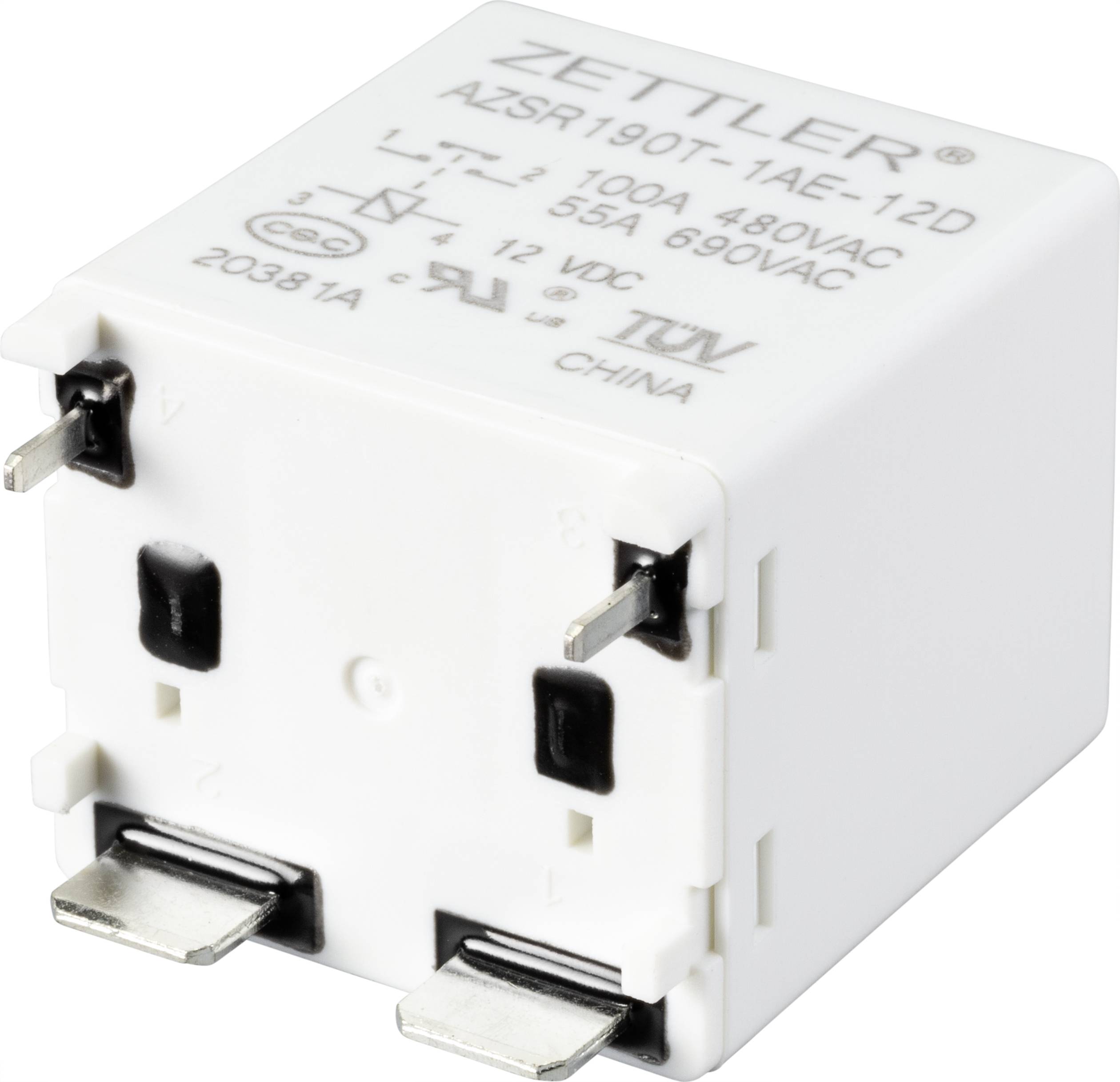 A white relay with black text printed on it. The relay has connections and displays technical specifications such as '100A 480VAC'.