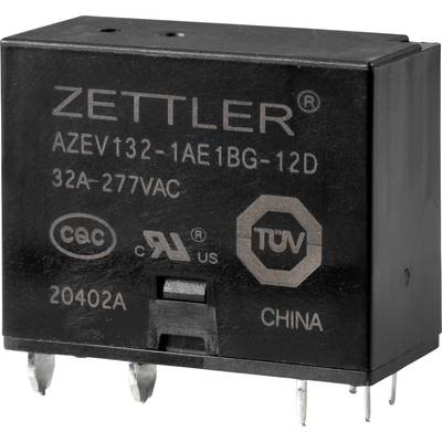 Black, rectangular relay by Zettler with inscription 'AZEV132-1AE1BG-12D', 32A-277VAC, with test seals and country of origin China.