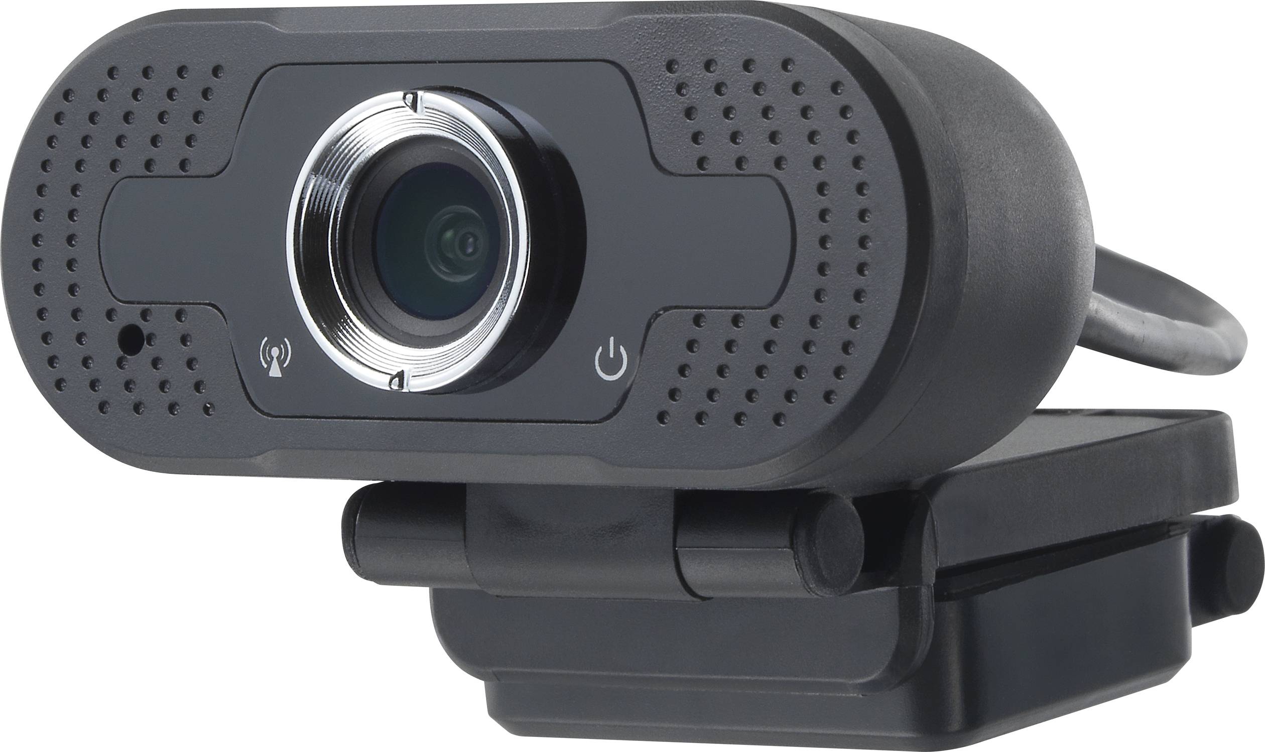 A black webcam with a lens in the centre, mounted on an integrated stand, suitable for attaching to a monitor.