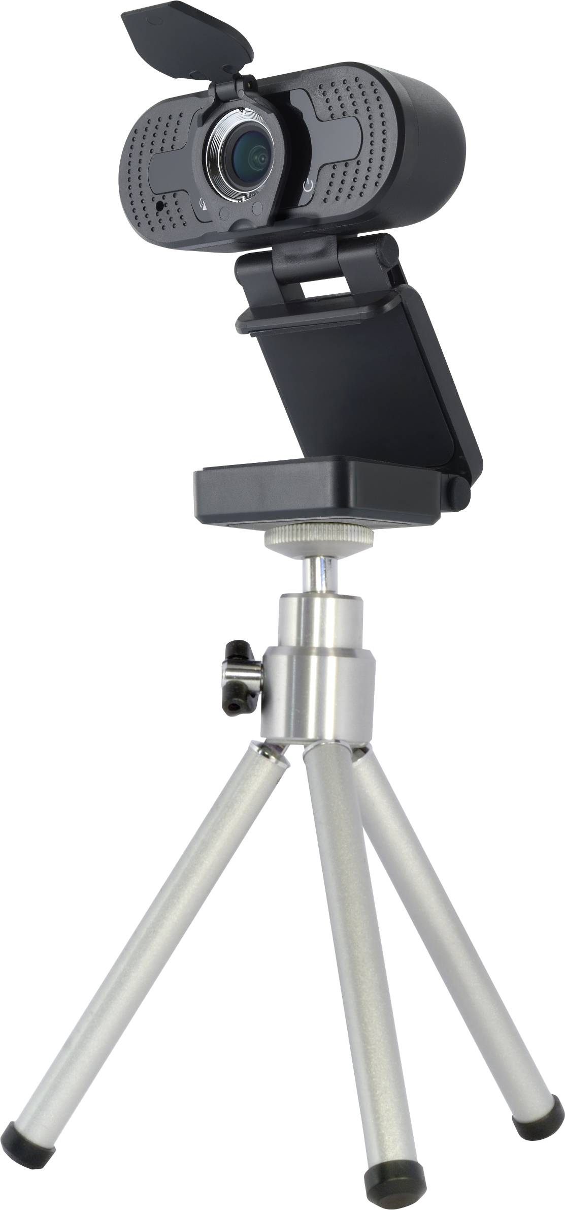A webcam with a large lens cover on a silver tripod. The camera is angled upwards, suitable for video conferences.