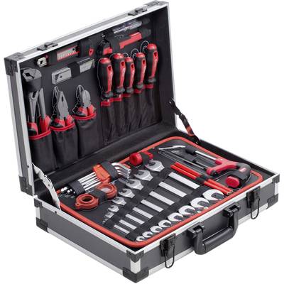 'Black and red tool case with screwdrivers, pliers, socket sets and measuring tape, opened and neatly arranged.'