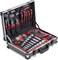 'Black and red tool case with screwdrivers, pliers, socket sets and measuring tape, opened and neatly arranged.'
