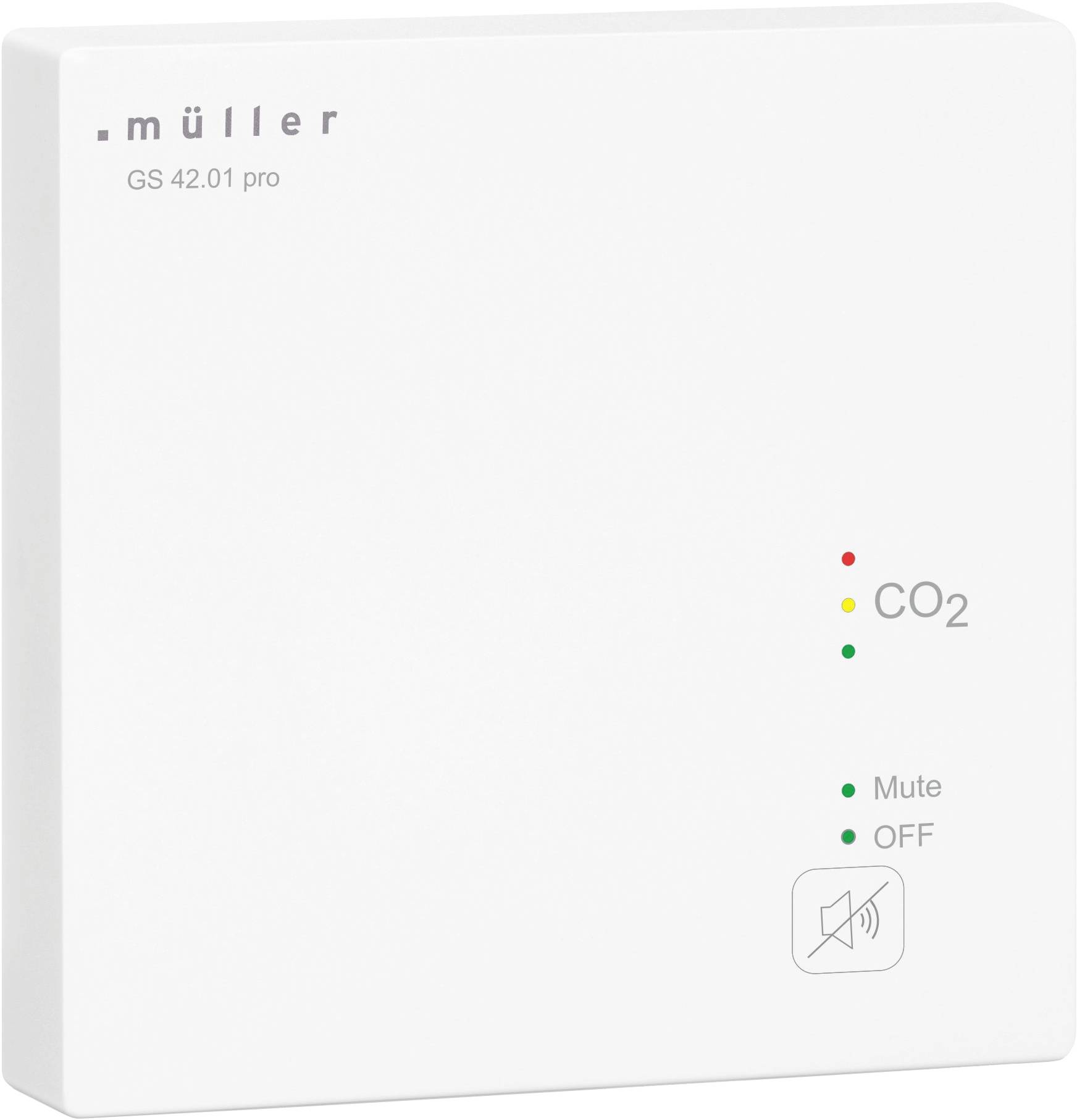 A CO2 measuring device by Müller with indicator lights for CO2, mute, and off. Suitable for monitoring indoor air quality.