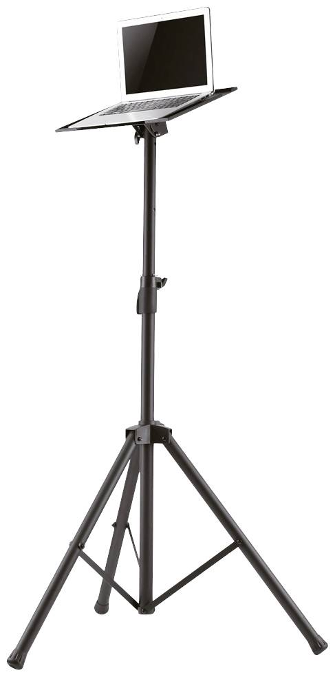Laptop on an adjustable height stand, perfect for presentations or DJs, with a black, sturdy metal frame.