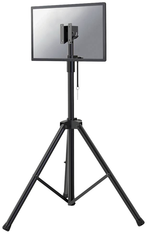 A black stand with a rectangular screen, mounted in a vertical position on a three-legged, height-adjustable frame.
