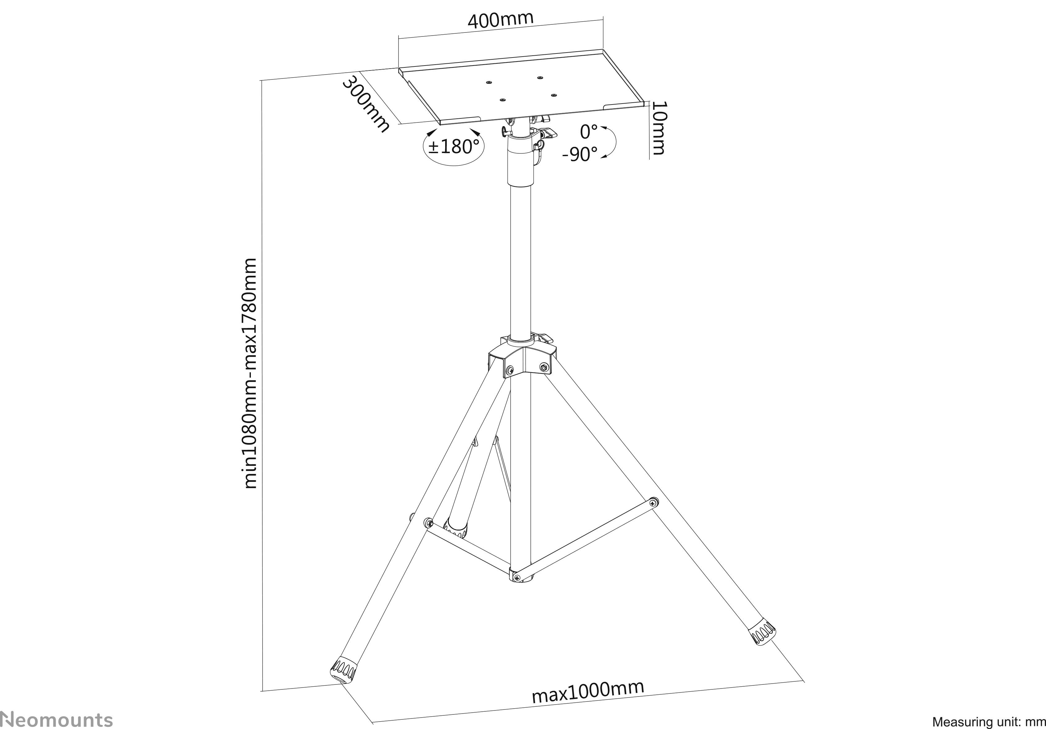 'Three-legged stand, height adjustable from 1080 mm to 1780 mm, with 400 mm x 300 mm platform, rotatable by 180 degrees, tiltable by 90 degrees.'