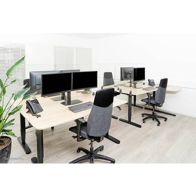 A modern, clean office space with four workstations. Each workstation has two screens, a keyboard, a chair, and a telephone. On the left stands a large green plant.