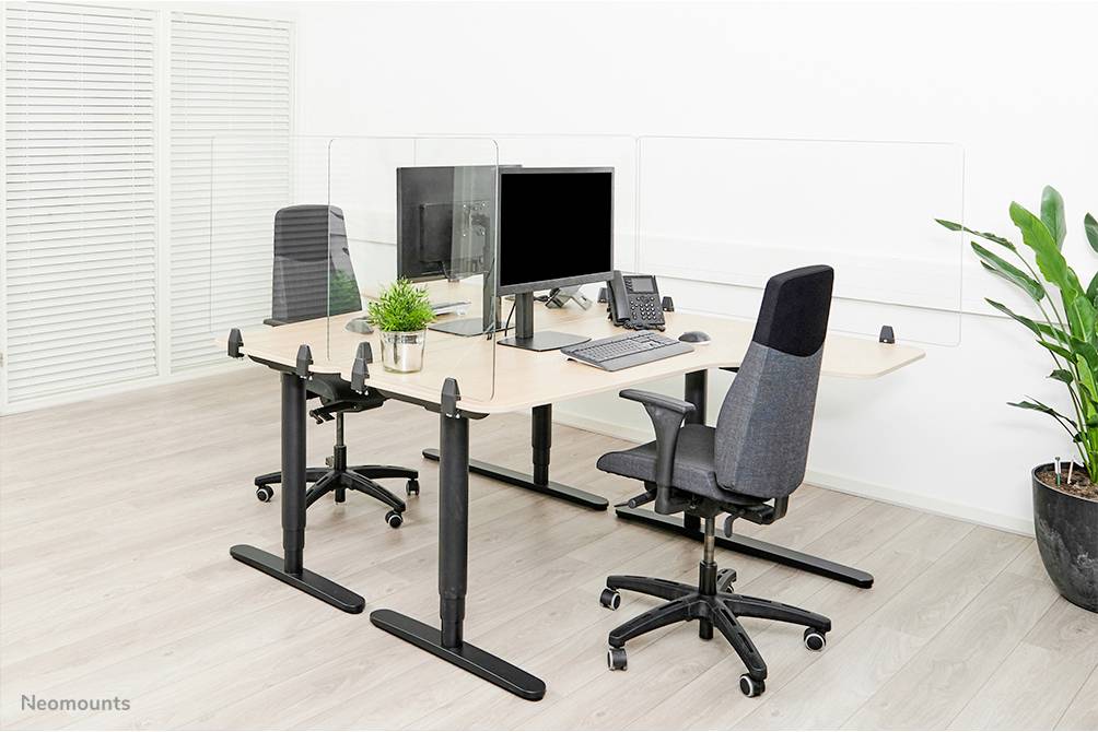 A modern, shared desk setup with two office chairs, a computer monitor, a telephone, plants, and dividing screens.