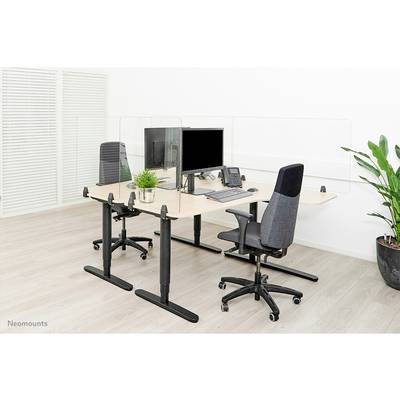 A modern, shared desk setup with two office chairs, a computer monitor, a telephone, plants, and dividing screens.