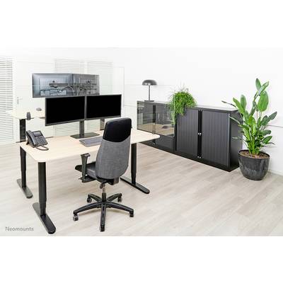 A modern office with an adjustable-height desk, two monitors, a chair, a plant, and a black cabinet.