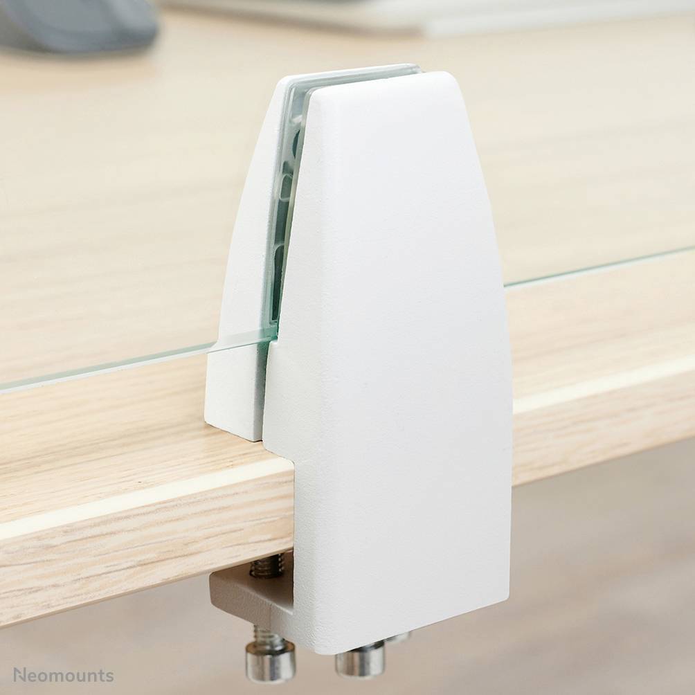 Close-up of a white metal table bracket attached to a glass tabletop. The bracket serves to provide stability.