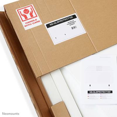 An open cardboard box with the inscription 'HANDLE WITH CARE' and 'NS-GLSPROTECT120'. The box contains rails for a glass plate.