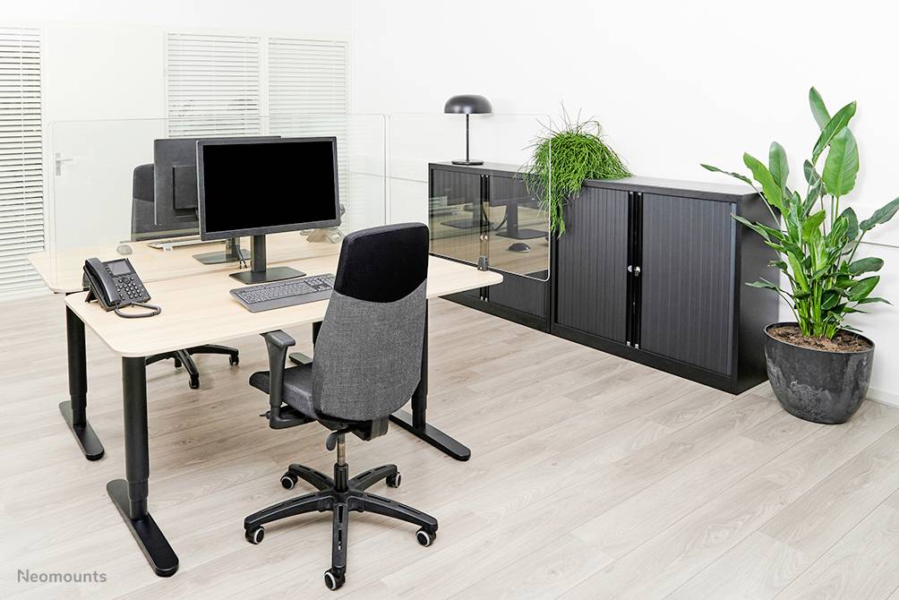 A modern office space with a desk, computer, office chair, telephone, and plants. Filing cabinets in the background.