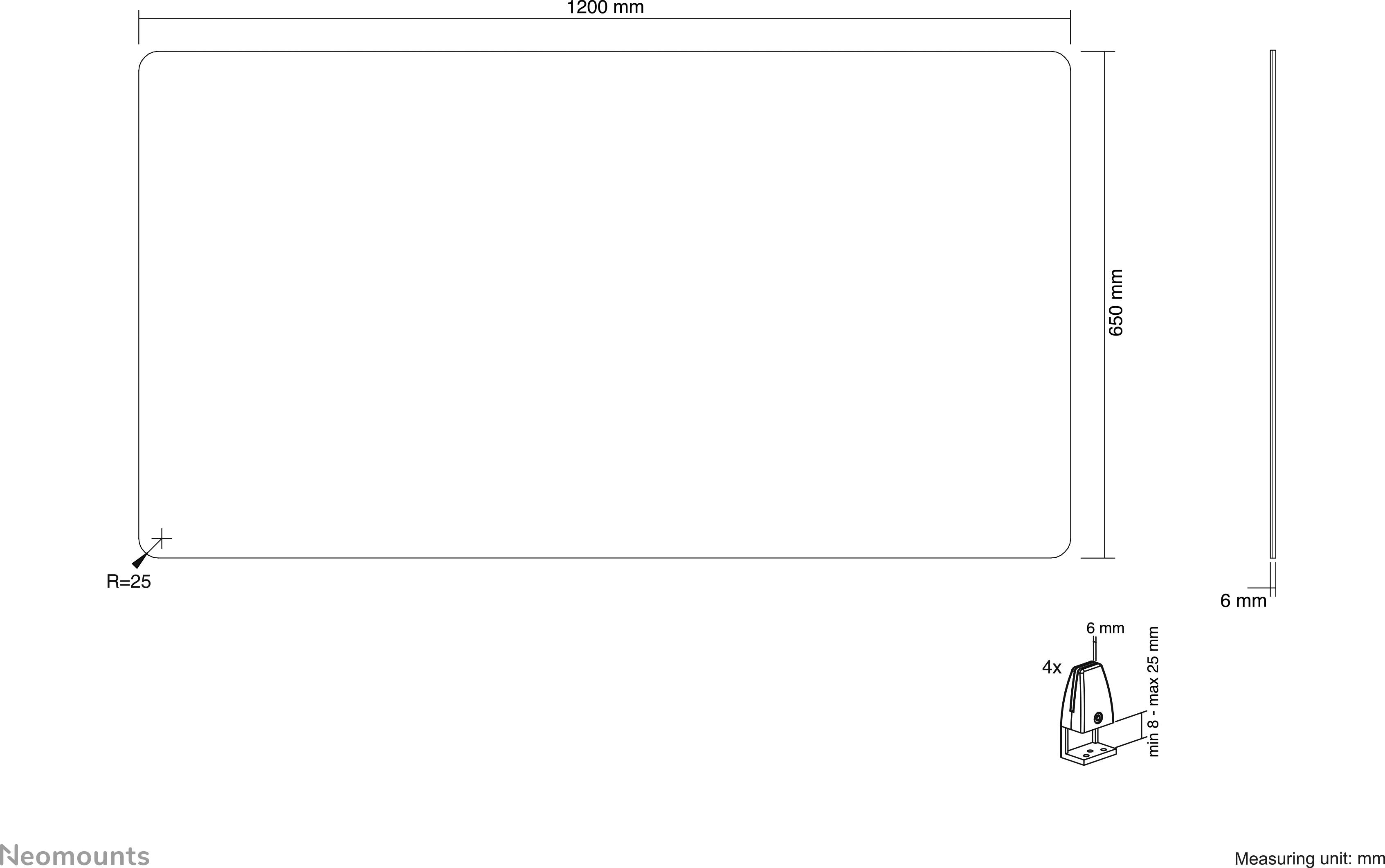 Drawing of a rectangular object, 1200 mm x 650 mm, with a rounded corner (R=25) and 6 mm thickness. Measurements in millimetres.