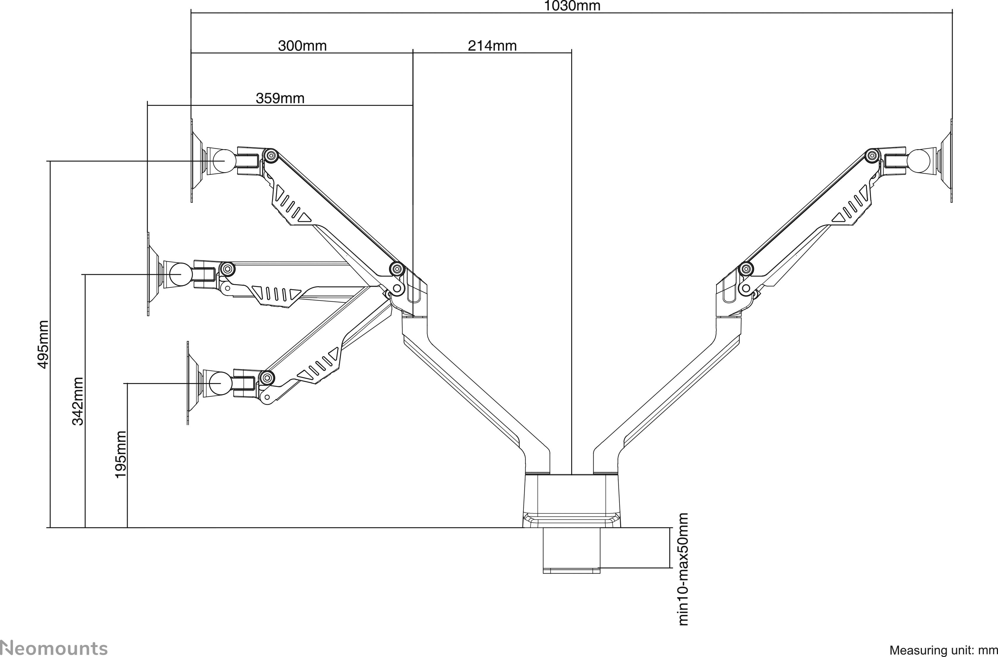 'Technical drawing of a triple monitor arm with length and height specifications in millimetres, showing structure and mobility.'