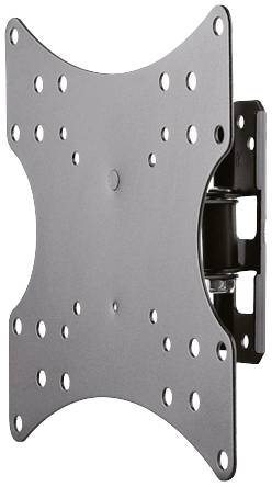 A black, wall-mounted TV bracket with multiple mounting holes to accommodate different screen sizes.