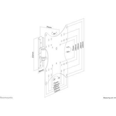 Technical drawing of a tiltable TV wall mount with dimensions 75-200mm. Tilt range from +3° to -10°, swivel range of 30°.