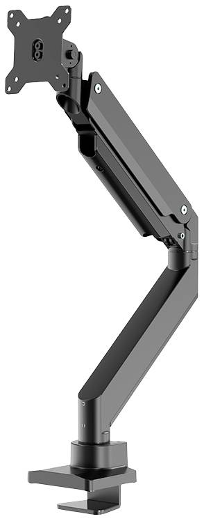 Black monitor mount with a flexible, height-adjustable arm and a clamp for attaching to a desk.