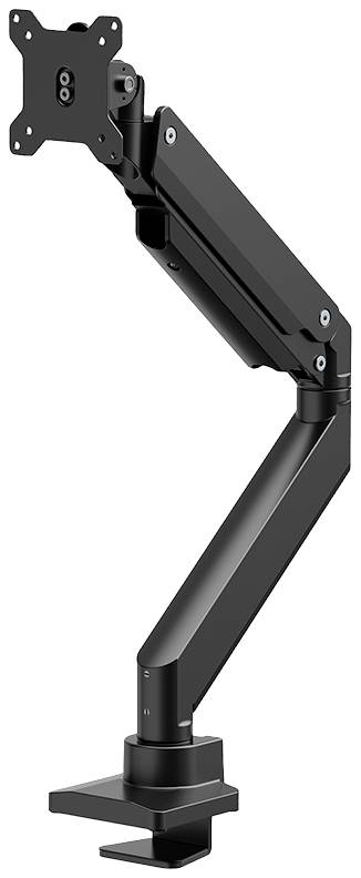 A black, flexible monitor arm with rotation and tilt functionality. Mounted on a desk clamp. Ideal for ergonomic monitor positioning.