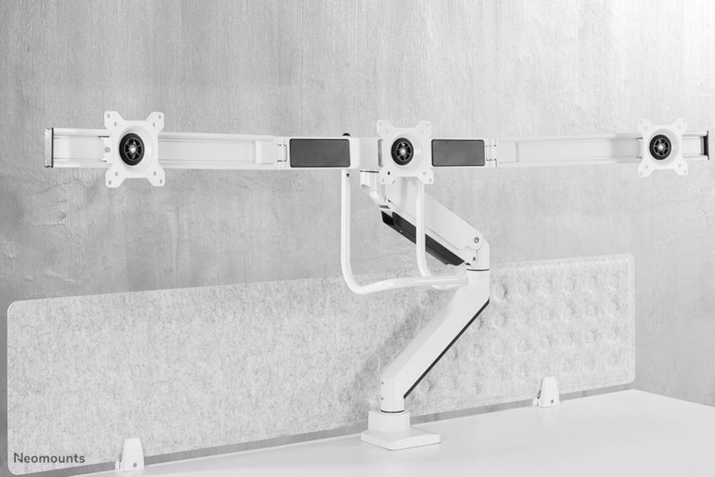 Triple monitor stand in modern design, suitable for ergonomic workplace adjustments, mounted on a desk.